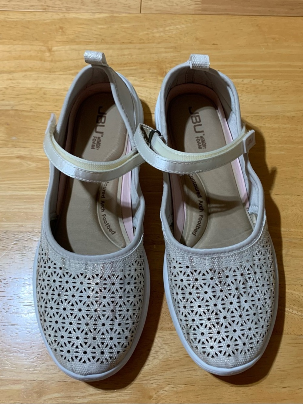 JBU Cream Laser-Cut Mary Jane Shoes